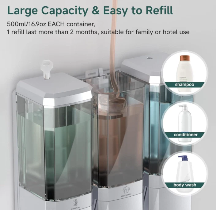 Dispensador 3 cámaras sin taladro 500 ml para champú, gel y acondicionador,Nuevo Foto 4 de 4