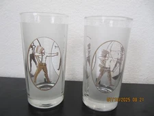 Vtg MCM 1960s LIBBEY Gold American Indian Archery Highball Glass Frosted 5.5”  2