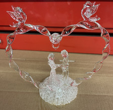 Bride and Groom Wedding Cake Topper Hand Blown Glass Figurine Doves Roses