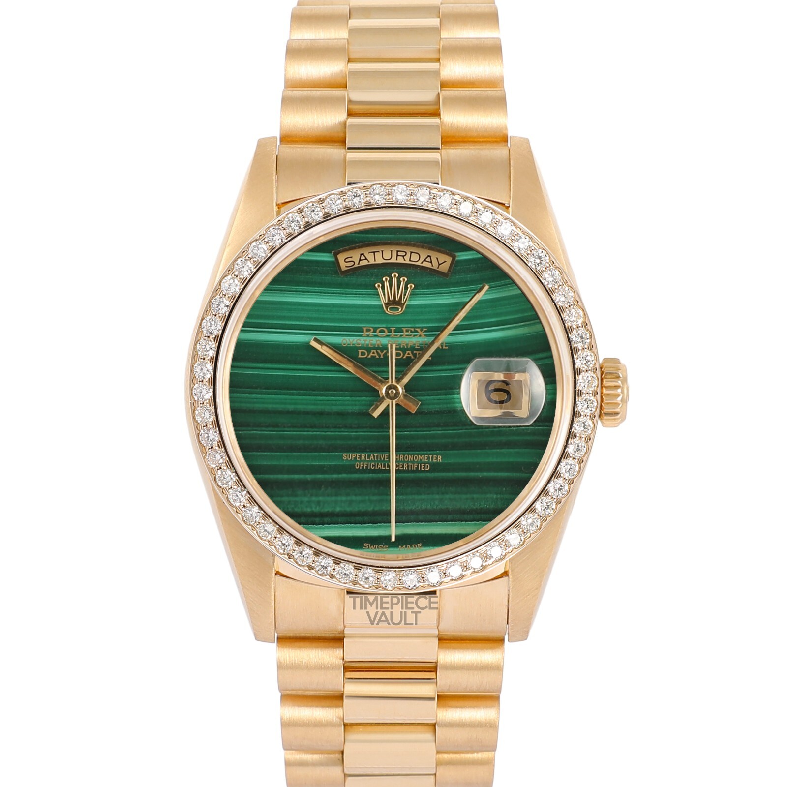 Rolex Mens Day-Date 36mm 18k Yellow Gold 18238 Malachite Dial-Diamond Bezel-B&P