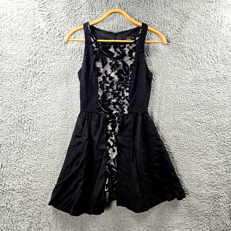 Pilgrim Womens Dress Size 6 Black Grey Sleeveless A-line Layered Boat Neck