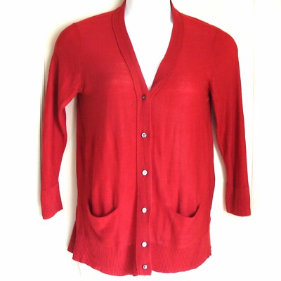 DKNY Red Silk Knit V-Neck Button Down Long Sleeve Cardigan Sweater Women Size L