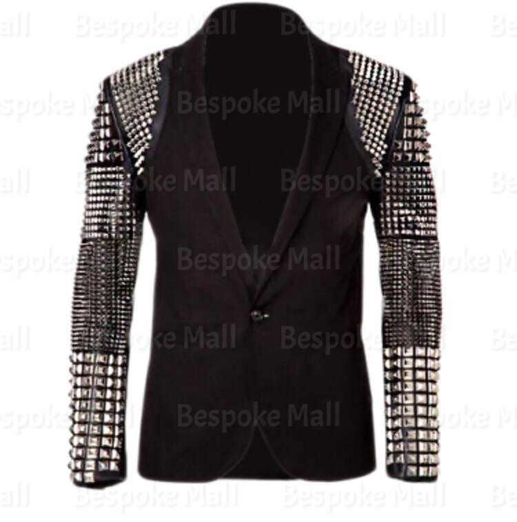 Men's Black Punk Leather Coat with Silver Studs on Sleeves - Cowhide - Style 846