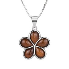 Sterling Silver Genuine Hawaiian Koa Wood Plumeria Flower Necklace Pendant wi...