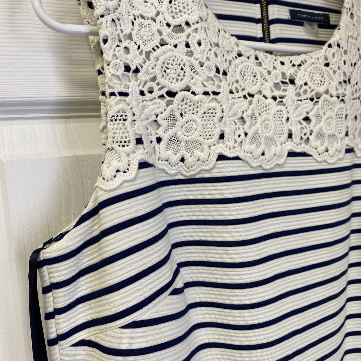 Tommy Hilfiger Navy Blue Ivory Striped Dress Lace Sheath Women's Sz 10 NEW  $129 | eBay