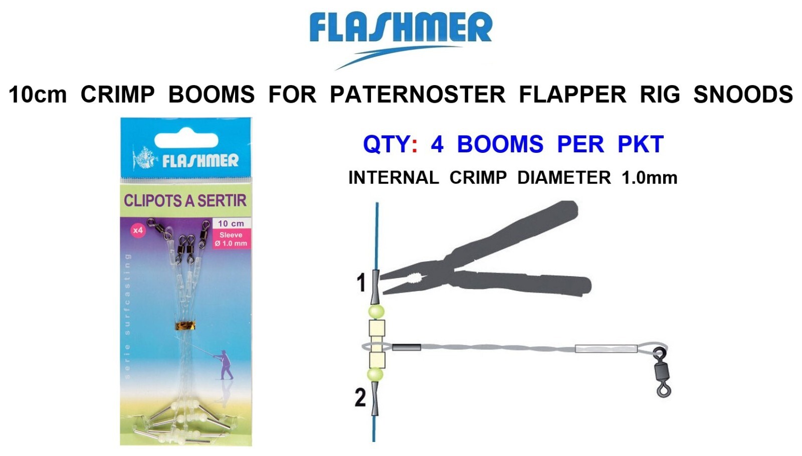 FLASHMER 10cm CRIMP SWIVEL BOOMS FOR SEA FISHING LINE 2 3 HOOK FLAPPER RIG SNOOD