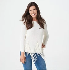 Attitudes by Renee Ivory Knit Fringe Detail Long Sleeve Sweater New
