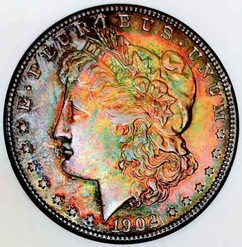 1902 O MORGAN DOLLAR! GEM BU+++! MONSTER DUAL RAINBOW TONING! UNREAL! NR #S1087