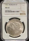 1921 P Morgan Silver Dollar NGC MS62 US Graded Coin Slab 90%