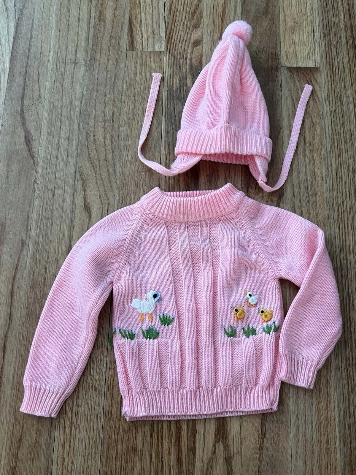 Vtg Styled by Sherri Pink Knit Sweater Bonnet Set Hand Embroidered Duck Chic