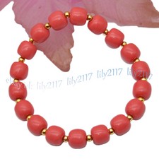 8x9mm Natural Pink Coral Rondelle Gemstone Beads Elastic Bracelet 7.5 inches