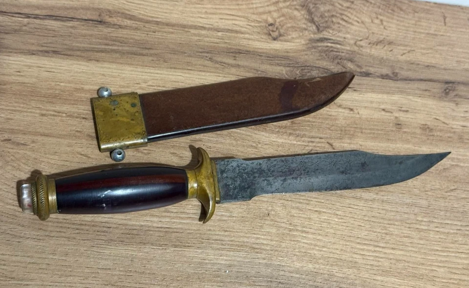 Cuchillo Daga Antiguo Hoja Fija Mango Madera Vaina Caza Hombres Raro Antiguo 20 Foto 3 de 4