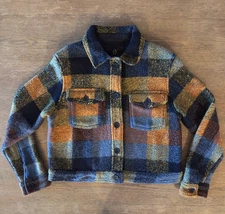 House of Harlow 1960 Wool Blend Plaid Cropped Button Front Shacket-Navy-Size S