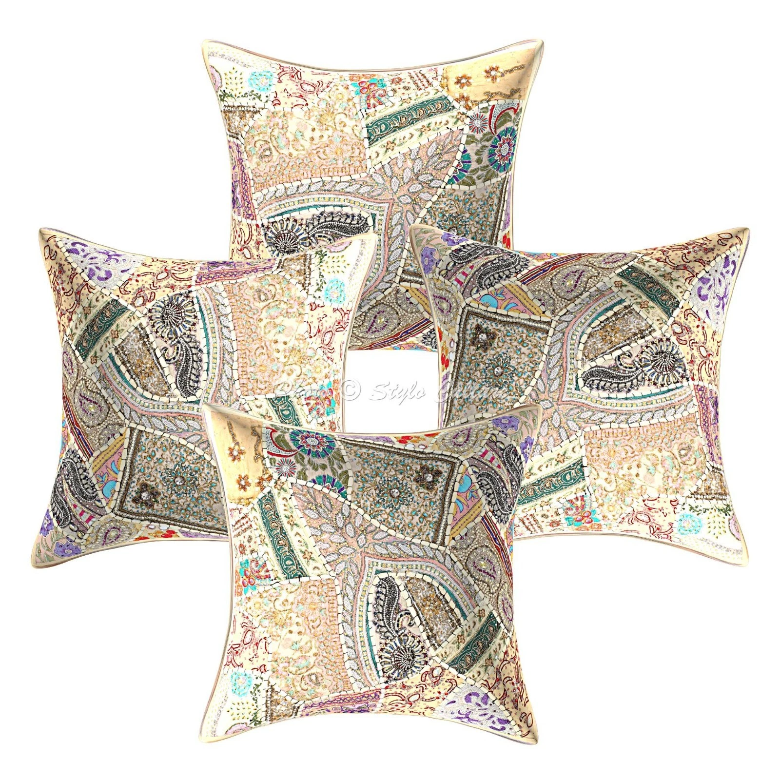 Bohemian Cotton Throw Pillow Covers Beaded Patchwork Beige Floral Home Decor