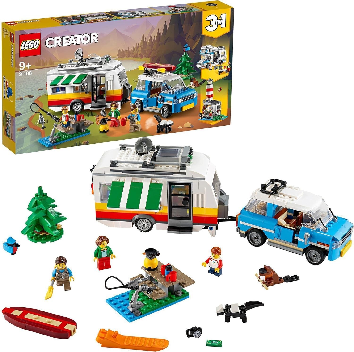 Caravane en Famille LEGO Creator 31108, Jeu de Camping pour Enfant au Coin du Feu