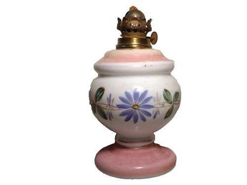 Antique Hand Painted Att. Bristol Milk Glass Mini Oil Lamp P & A Co Acorn Burner