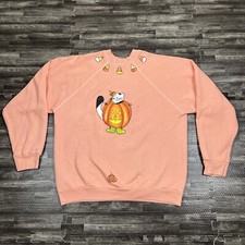 Vintage 90s Halloween Graphic Crewneck Sweatshirt Large Pink Cat Colorful VTG