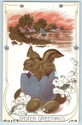 c1910's Easter Greetings Hatched Egg Chick Flowers Sailboat Embossed Postcard