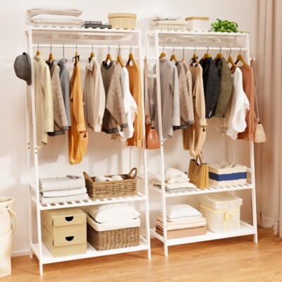 Bamboo Clothes Rack Large Hanging Clothing Garment Rack Open Closet with Shelves
