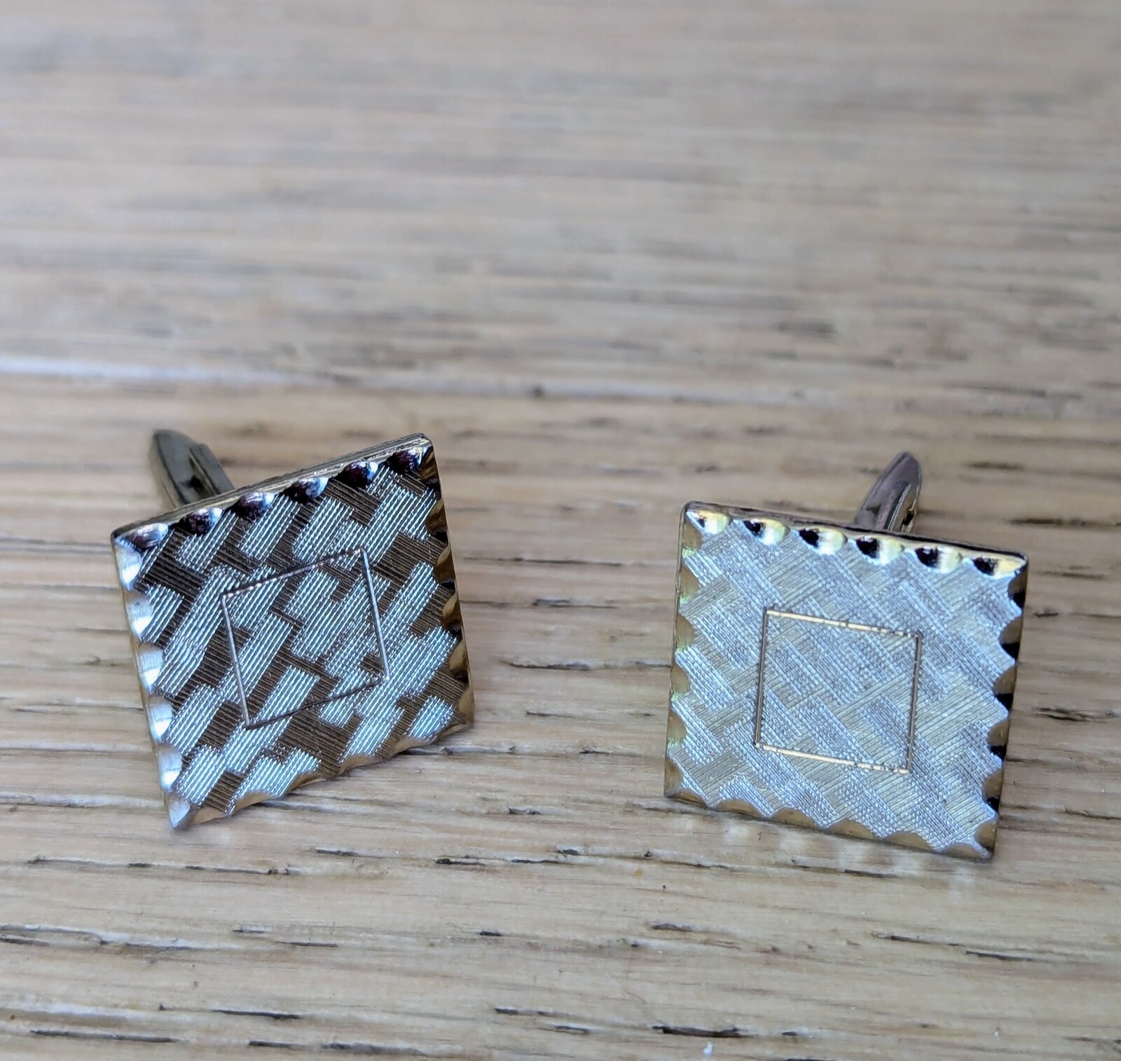 Vintage Engine Turned Silver Square Patterned Cuf… - image 1