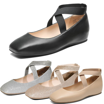 Women Slip On Ballet Flats Elastic Ankle Strap Square Toe Comfort Flat Shoes