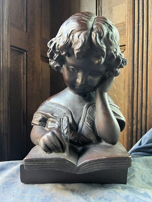 Antique Art Deco French Sculptural Bust of a Young Child writing on a page
