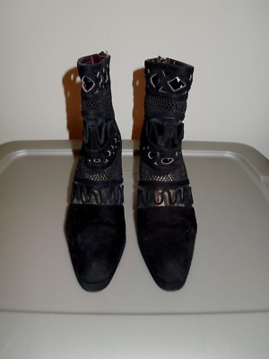 VINTAGE Tre-In Camoscio Black Suede Laser Mesh Platform Ankle Boots 38½ Italy