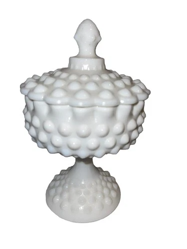 Vintage 😊 Fenton Hobnail Milk Glass Pedestal Footed Compote Candy Dish Nice