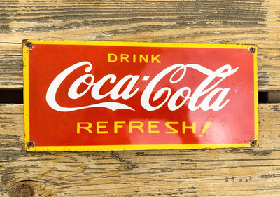 VINTAGE 12x5.5'' Drink COCA COLA REFRESH! COKE SODA POP PORCELAIN OIL GAS SIGN