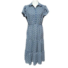 Max Studio London Blue Print Midi Dress L Smocked Waist Tiered Flutter Sleeve