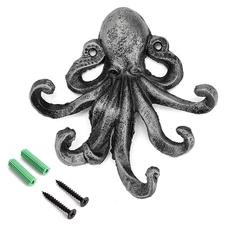 Sumnacon 6" Cast Iron Octopus Coat Hook, Nautical, Silver