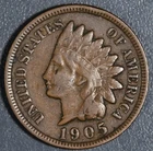 1905 1C INDIAN HEAD BRONZE CENT KM# 90a Grade:  F A7229