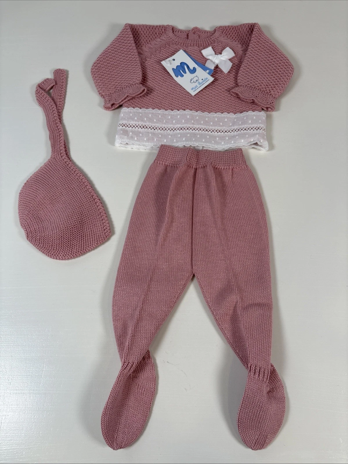 Mac Ilusión Baby Pink Shirt Footed Pants and Beanie Set Made in Spain Size 0M