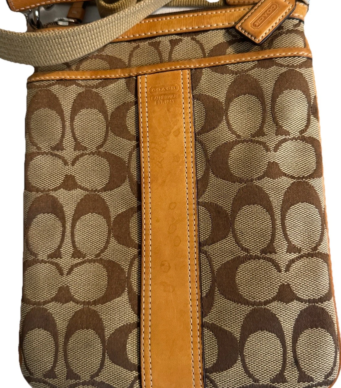 Tracolla regolabile stampa firma Coach vintage marrone e marrone jacquard