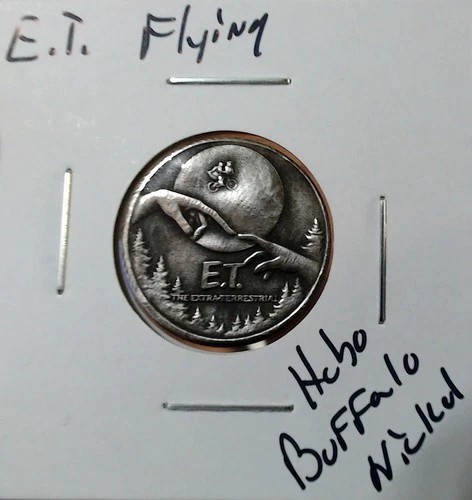 HOBO E.T. Flying Bicycle Moon From A REAL Buffalo Nickel SIGNED