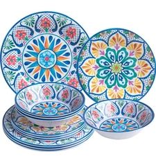 Melamine Dinnerware Sets, 12-Piece Dinner Dishes Set for 4, Durable & Non Bre...