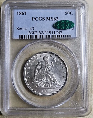 1861 P 50c Seated Liberty Half Dollar PCGS CAC MS62 Uncirculated Civil War Date