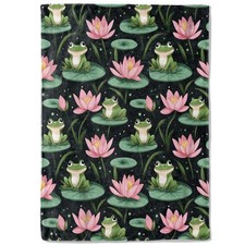 Cute Frogs on Lily Pad Fleece Blanket - 50x60in Pink Lotus Flower Throw Blank...
