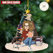 Personalized Reading Girl Book Tree Ornament, Book Lovers Flat Ornament