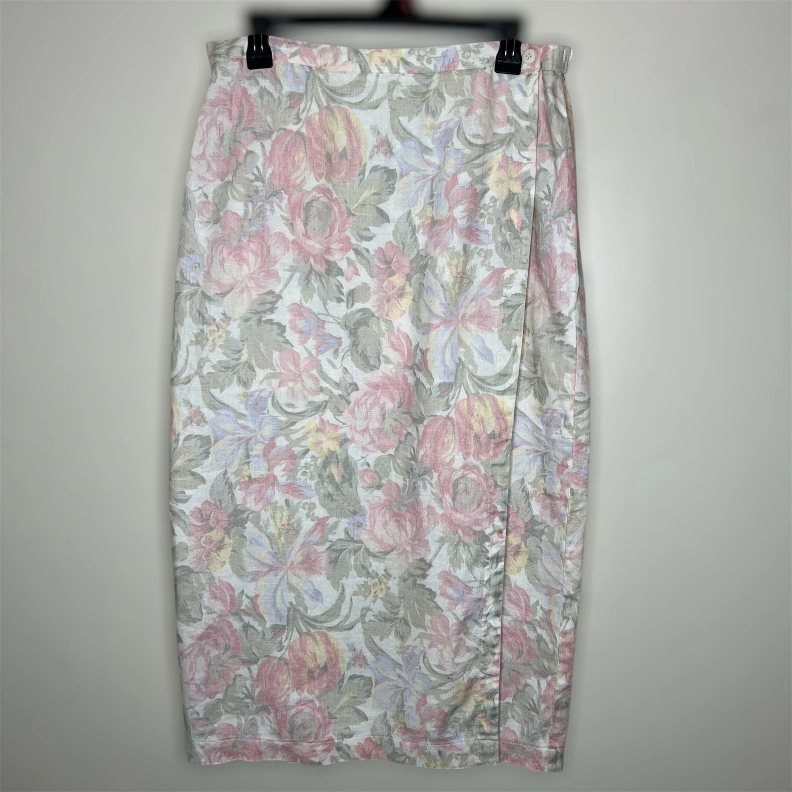 Vtg Jones New York Linen Wrap Skirt 12 Womens Floral Cottagecore Midi 90s Pink