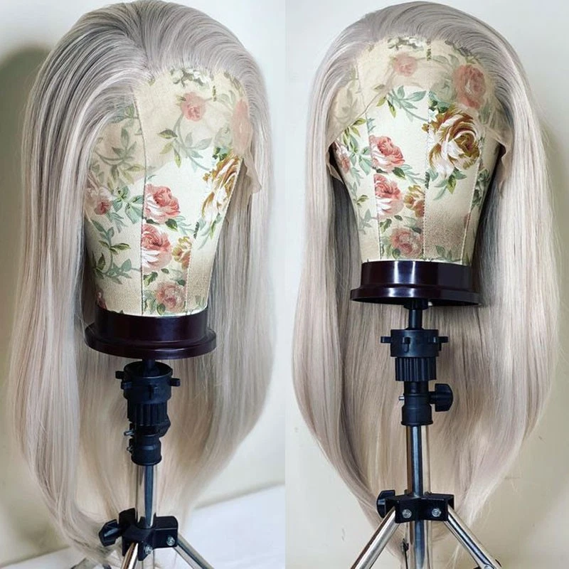 Peluca larga recta HD frontal de encaje plateada suave cabello sintético resistente al calor Foto 2 de 4