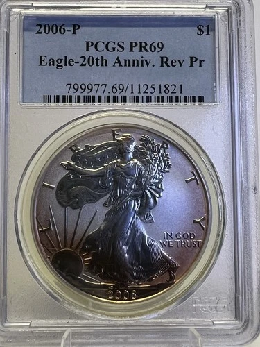 2006 P American Silver Eagle Reverse Proof PCGS PR69 20th Anniversary - Toning