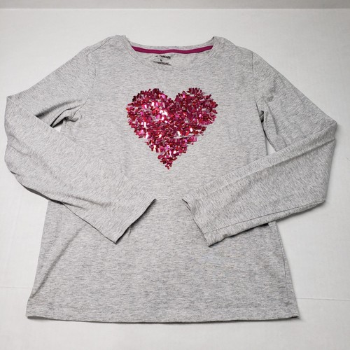 Epic Threads Long Sleeve Shirt Girls Large Gray Pink Sequin Hearts Casual Preppy - Picture 9 of 15