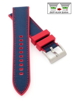 Premium Easy-Klick Fluorkautschuk-Nylon Uhrenband Modell Roadster blau-rot 20 mm