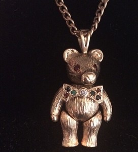 Vintage Teddy Bear Pendant Necklace 9k Yellow Gold Cubic Zirconia - Articulated