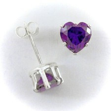 6mm HEART CZ Amethyst Purple Post Stud EARRINGS in Sterling Silver - NEW 
