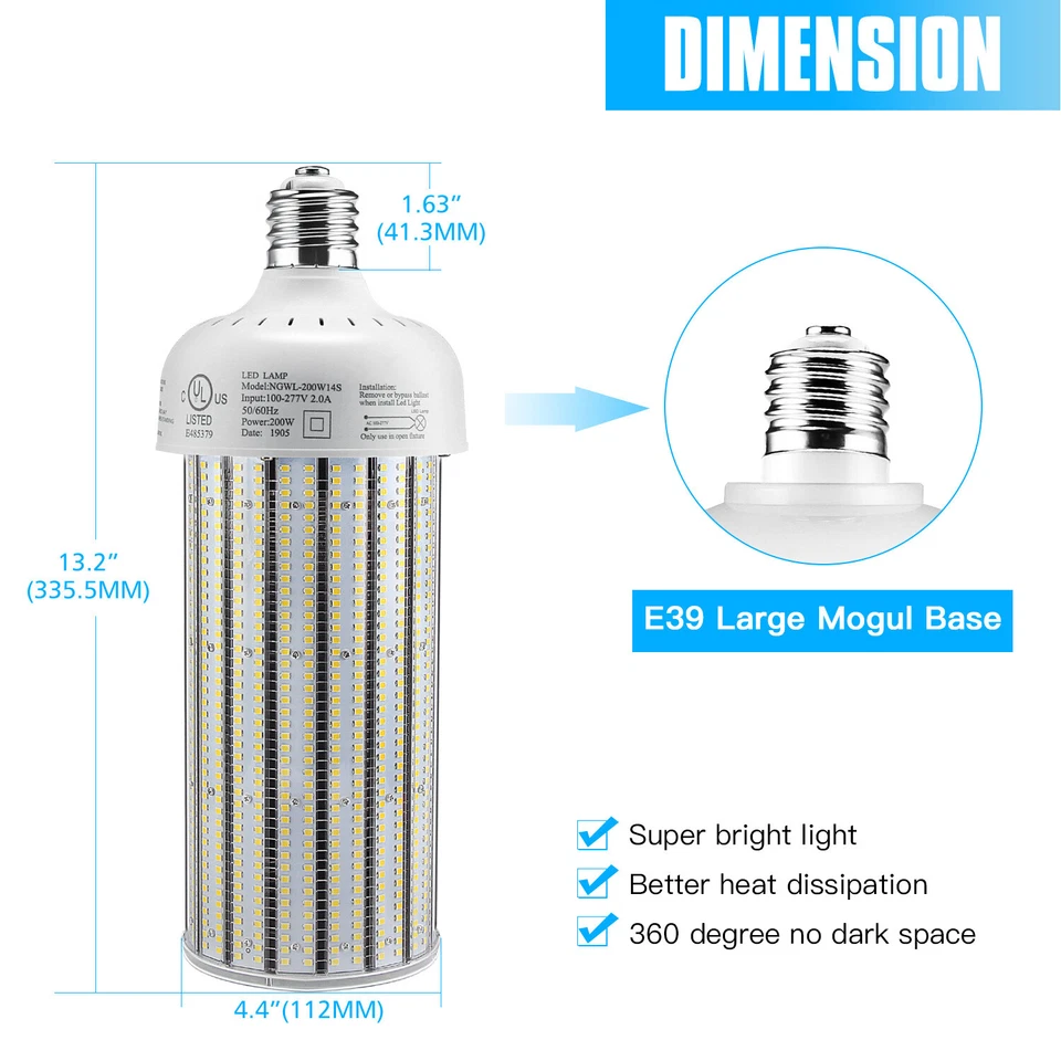 Bombillas LED Maíz 200W Reemplazan 1000W MH/HPS Almacén Alta Bahía Lámpara E39 5000K Foto 2 de 4