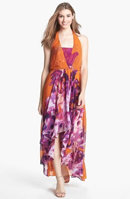 jessica simpson halter blouson dress Lace Inset Chiffon Maxi Sz 6 Orange Multi Fall Fashion 25