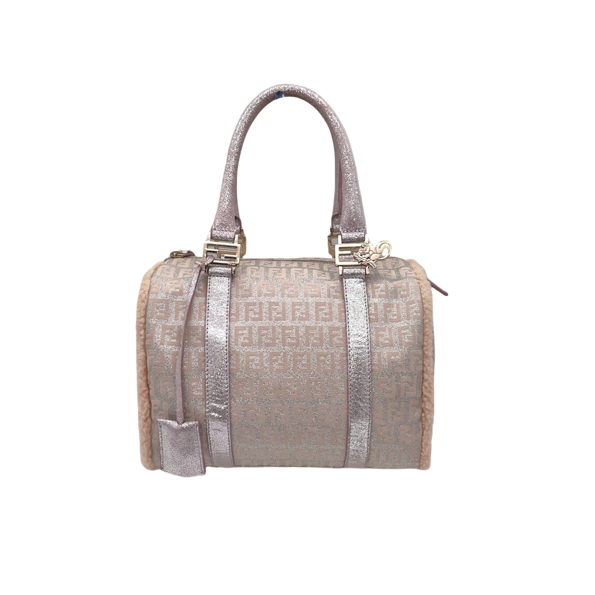 RAREAuth FENDI Zucchino Canvas Boston Handbag PM Pink/ Silver