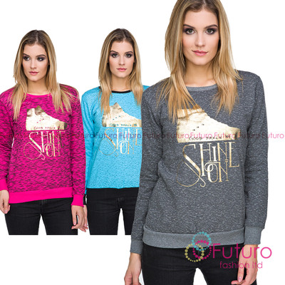 Damen strukturiertes Sweatshirt glänzend goldfarben Druck Rundhalsausschnitt Langarmpullover FZ95